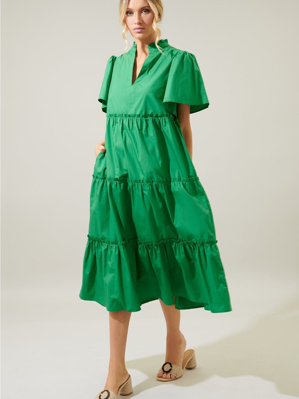 Sugarlips Kelly Green Tiered Midi Dress with Ruffle Neck, M/L